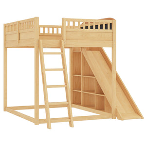 English Elm Full Size Kids Loft Bed Pine Frame Upholstered Headboard Built in Slide and Storage Shelves Natural W1580S00306
