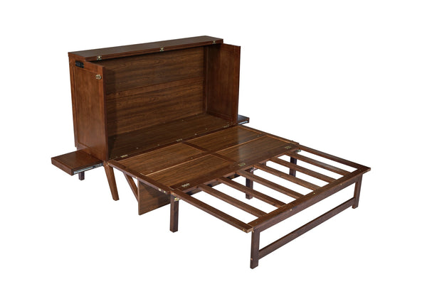 English Elm Queen Murphy Cabinet Bed Solid Pine Build with Usb Charging and Fold Out Desktop Walnut W504S00169