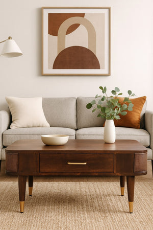 English Elm Solid Wood Belmont Coffee Table - Handcrafted Mango Wood With Rattan Accents & Hidden Storage Drawer B182P372108-GIGA