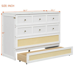 English Elm Full Size Murphy Wall Bed Cabinet with Rattan Panel Detailing and Storage Drawers White N708P336203K