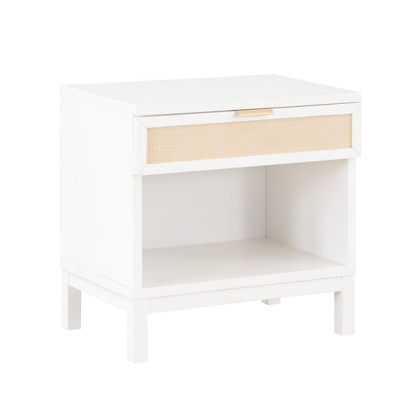 English Elm Blake Coastal Cane 1-Drawer Nightstand in White Solid Wood with Open Shelf, Gold Pull, 28.25"L B050P376944