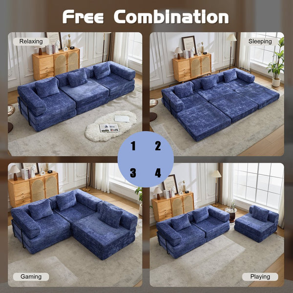 English Elm Compression Convertible Floor Sofa Bed - Durable Chenille, No Assembly, Multi-Purpose Design, Dark Blue W3723S00016