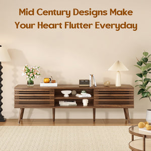 English Elm Mid Century Modern Fluted Wood Media Console with Storage Cabinets for Living Room Natural Walnut T3623P435373