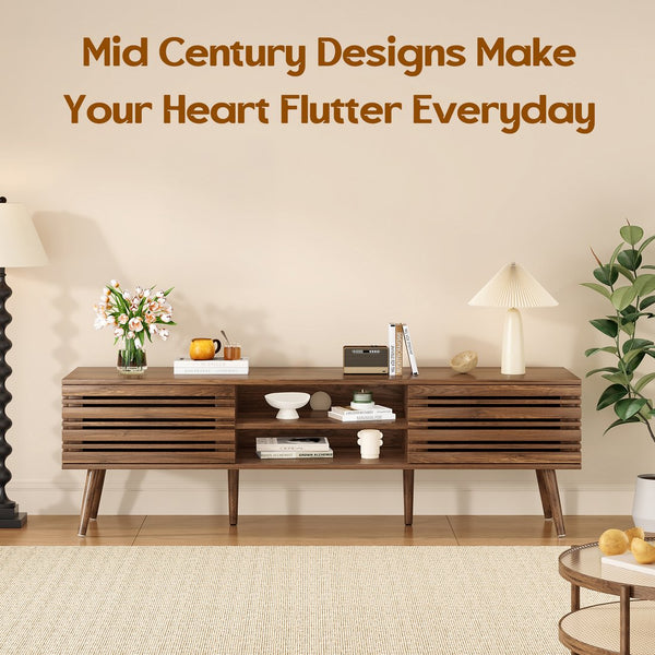 English Elm Mid Century Modern Fluted Wood Media Console with Storage Cabinets for Living Room Natural Walnut T3623P435373