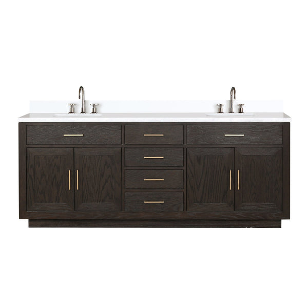 English Elm Brown Oak Double Bath Vanity With White Quartz Top, Faucet Set & Ample Storage For Modern Spaces B2731P257857