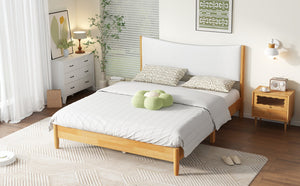 English Elm Queen Size Solid Rubberwood Bed With Boucle Upholstered Headboard, Sleek Beech White Finish & Support W504P184308-GIGA