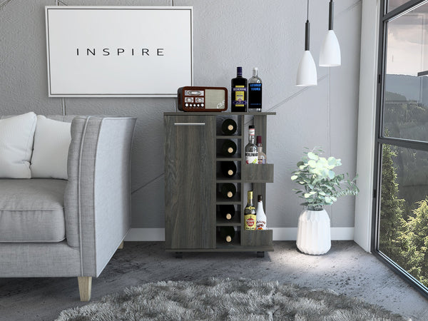 English Elm Tennessee Mobile Bar Cart with Cabinet, Six Bottle Cubbies, Top Rail Prep Area & Locking Wheels Ebony,Light Brown 34 L x 19 W x 6 H B128P176145