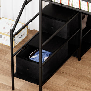 English Elm Full Metal Loft Bed with L-Shaped Desk, RGB LED Lights, Charging Cradle, Wardrobe & Drawers Black W1162S00014