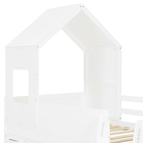 English Elm Twin House Loft Bed with Pull Out Rolling Desk Stair Drawers and Cabinet Storage White N820S00072K