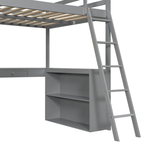 English Elm Full Size Loft Bed with Desk Shelves Writeable Board Pine Frame Gray Finish LT100226AAE-1