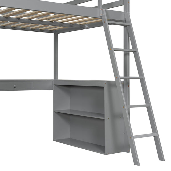 English Elm Full Size Loft Bed with Desk Shelves Writeable Board Pine Frame Gray Finish LT100226AAE-1