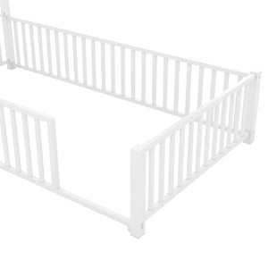 English Elm Twin House Metal Platform Bed with Guardrail & Chimney, White — Kids Playful Frame, Safe Sleep Design N709P203151K