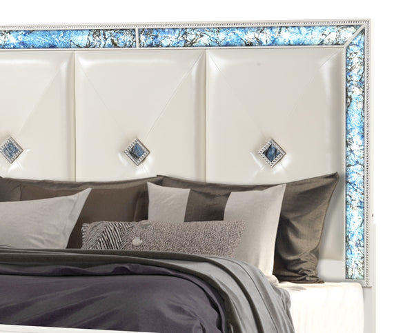 English Elm Laguna Queen Bed with Upholstered Headboard, Blue Marble Accents, Integrated LED Lighting, White Elegance B009S01453