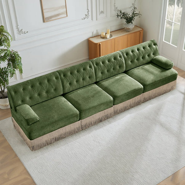 English Elm 135" Modular Chesterfield Sectional Sofa Velvet Tufted Tassel Skirt Lounge Seating Green W714S01710