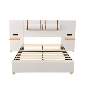English Elm Full Upholstered Platform Bed with Velvet Headboard, Dual USB Outlets, Built-In Pillows & Shelves Beige WF324744AAA
