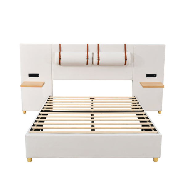 English Elm Full Upholstered Platform Bed with Velvet Headboard, Dual USB Outlets, Built-In Pillows & Shelves Beige WF324744AAA