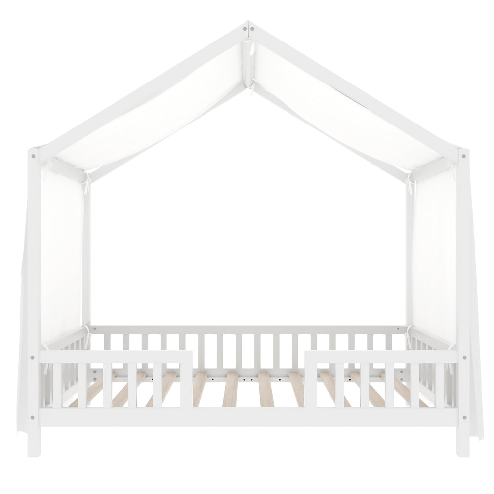 English Elm Montessori House Bed Frame Twin with Canopy & Full Guardrails, Cozy Kids Platform Bed for Toddlers White 81.5 L x 16 W x 6.6 H N733P356043K