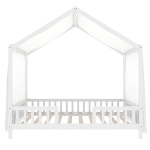 English Elm Montessori House Bed Frame Twin with Canopy & Full Guardrails, Cozy Kids Platform Bed for Toddlers White 81.5 L x 16 W x 6.6 H N733P356043K