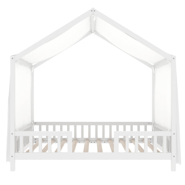 English Elm Montessori House Bed Frame Twin with Canopy & Full Guardrails, Cozy Kids Platform Bed for Toddlers White 81.5 L x 16 W x 6.6 H N733P356043K
