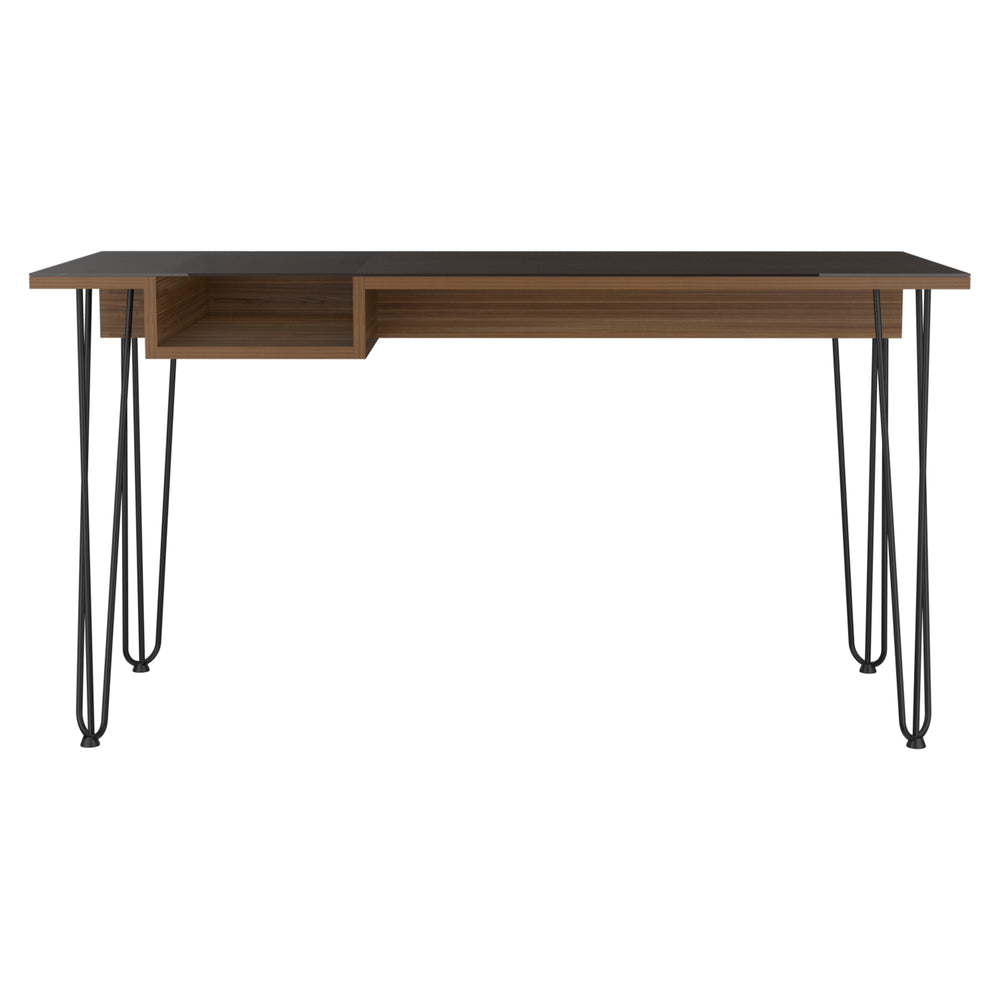 English Elm Kyoto 140 Writing Desk Brown with Glass Top & Haipin Metal Legs, Industrial Shelf Storage Solution B128S00167