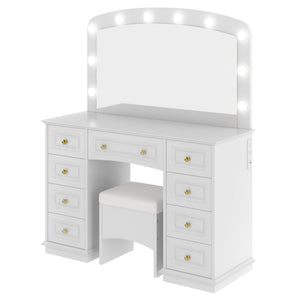 English Elm <old Sku Hollywood Vanity with 10 Bulbs 9 Drawers Cushioned Stool White Glam Bedroom N704G202308A