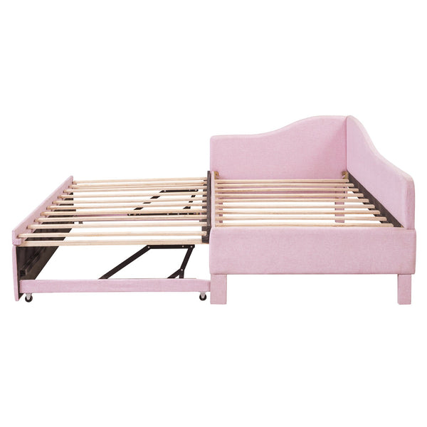 English Elm Twin Upholstered L-Shaped Daybed with Pop-Up Trundle, Space-Saving Guest Bed with Slats Kit and 400lb Capacity Pink SF000193AAH