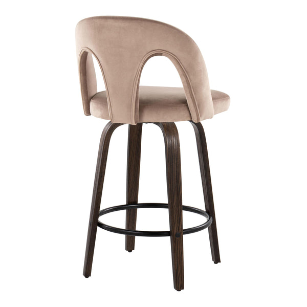 English Elm Fixed-height Swivel Counterstools Velvet Seat Walnut Bentwood Legs Set of Two B202S01794