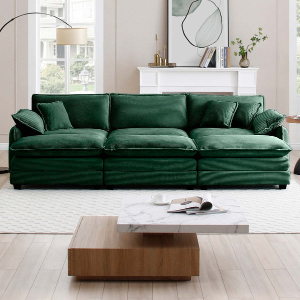 English Elm Oversized Modular Cushioned Sofa With 3 Ottomans - Transformable Sleeper & Stylish Green Corduroy W714S00739-GIGA