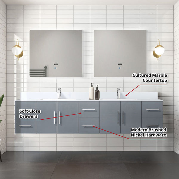 English Elm Dark Grey Double Bath Vanity 84 in W x 22 in D with Scratch‑Resistant Marble Top, Chrome Faucet & 36 in LED Mirrors B2731S01105
