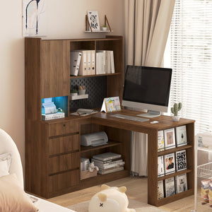 English Elm L Shaped Desk With Led Light & Storage | Modern Corner Computer Desk For Home Office & Gaming Setup W1321S00022