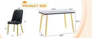 English Elm Table and Chair Set Marble Glass Top Gold Legs Black Pu Seats Modern Dining W1151S04650