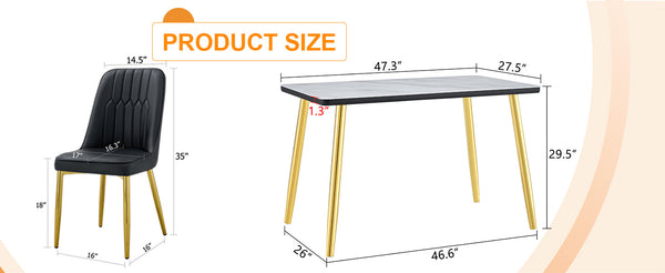 English Elm Table and Chair Set Marble Glass Top Gold Legs Black Pu Seats Modern Dining W1151S04650