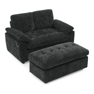 English Elm Leisure Chenille Two Seat Reclining Sofa with Usb Port Storage Ottoman Padded Armrests Black W487S00521