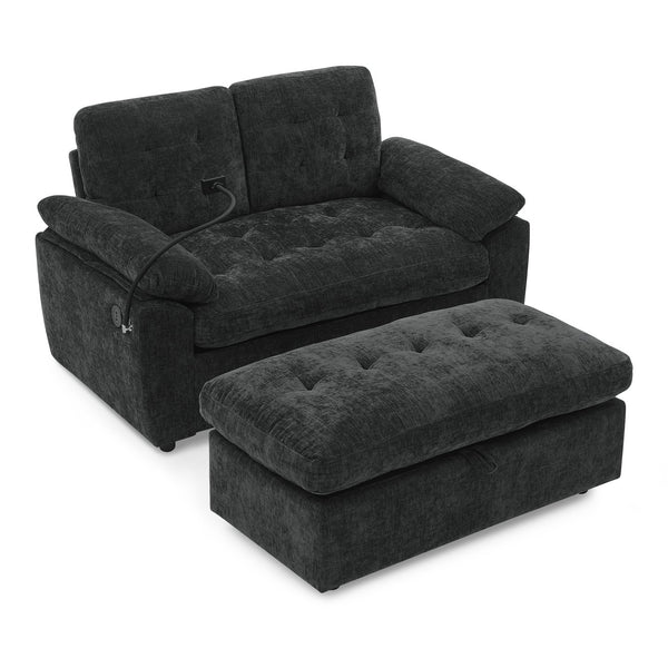 English Elm Leisure Chenille Two Seat Reclining Sofa with Usb Port Storage Ottoman Padded Armrests Black W487S00521