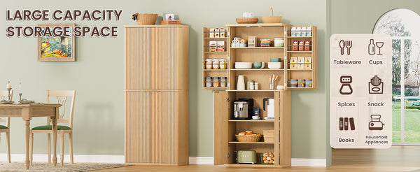 English Elm 72" Fluted Pantry Cabinet Tall Freestanding Kitchen Organizer with Sculpted Wood Doors Oak W1820P379274