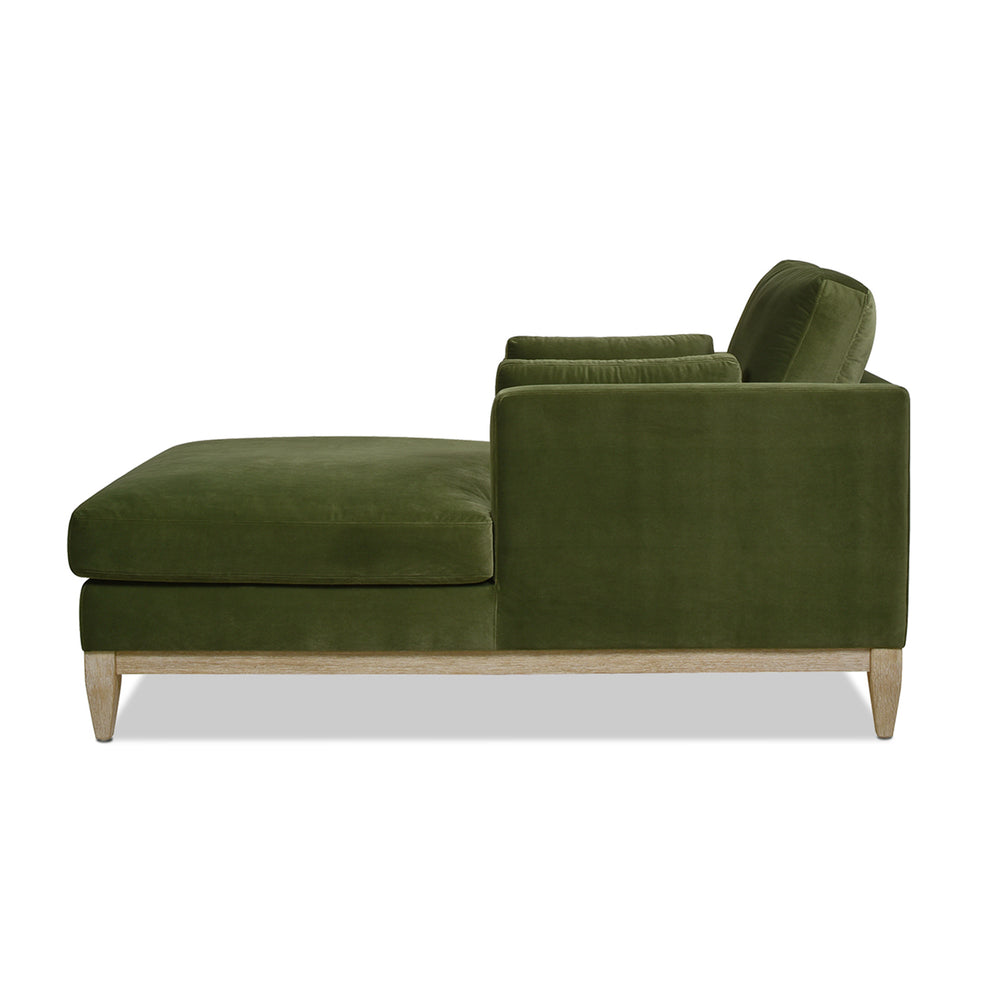 English Elm Jennifer Taylor Home - Knox 65" Modern Farmhouse Chaise Lounge in Olive Green Performance Velvet with Feather-Down Cushions & Birch Frame B2719P238295