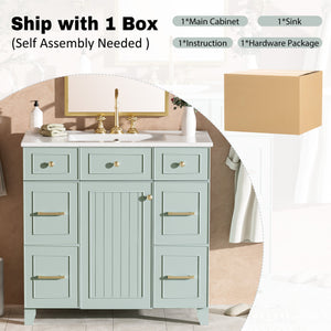 English Elm 36" Green Bathroom Vanity with Ceramic Sink, Gold Handles, Soft-Close Drawers & Adjustable Shelf N729P257304F