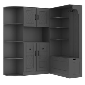 English Elm Multifunctional Modular Hall Tree Cabinet with Open Shelves and Hooks for Entryway Black W1580S00566