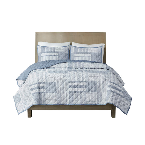 JLA Home Madison Park - 3 Jacquard Patchwork Quilt Set with Diamond Stitching, Soft Blue Birch Tones, Reversible Dusty Blue Bedding MP13-8190