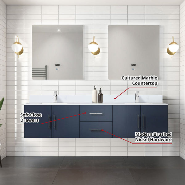 English Elm Navy Double Bath Vanity 80" W x 22" D with Cultured Marble Top, Chrome Faucets & LED Mirrors (30") B2731S01101