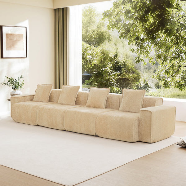 English Elm Streamlined Velvet Modular Sofa Four Seat Deep Cloud Foam French Piping Living Room Light Camel W3041S00354