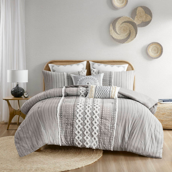 English Elm Cotton Imani Printed Chenille Comforter Set Full/Queen — Mid-Century Geometric Texture, OEKO-TEX Certified, Soft breathable cotton Gray 21.65 L x 22.83 W x 9.45 H B035128798