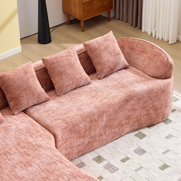 English Elm Pink chenille L-shaped sofa with high-elastic sponge, curved armrests, 4 throw pillows, 900lb capacity W3612S00018