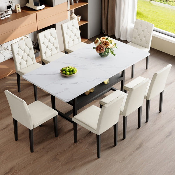 English Elm Table And Chair Set - Modern White Grain Dining Table With Built-In Storage & 8 Ergonomic Pu Chairs W1151S04271-GIGA