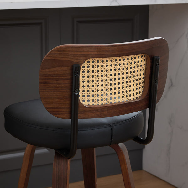 English Elm Set of 3 Rattan Counter Stools with Cane Back and Swivel, Upholstered PU Seat, Walnut Finish, Ergonomic Comfort Black W1143P300159