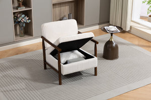English Elm Storage Accent Chair Mid Century Wood Frame Upholstered Seat with Lumbar Cushion Antique White W2530P401445