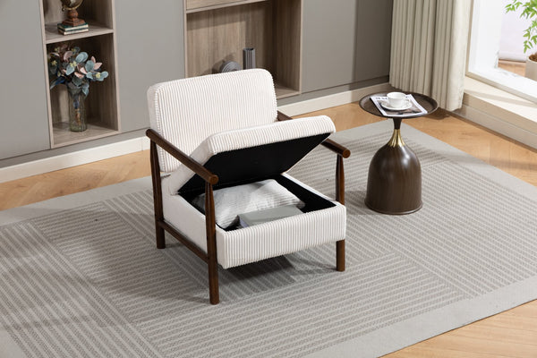 English Elm Storage Accent Chair Mid Century Wood Frame Upholstered Seat with Lumbar Cushion Antique White W2530P401445