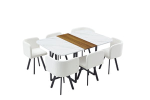 English Elm 7-piece Melamine Dining Set with Pu Cushioned Chairs and Iron Frame for Small Spaces W3875S00021