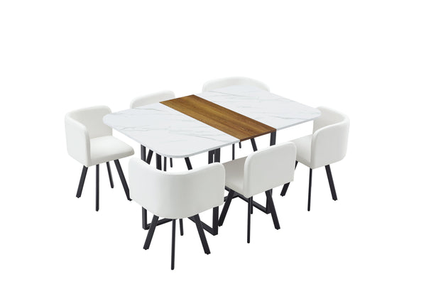 English Elm 7-piece Melamine Dining Set with Pu Cushioned Chairs and Iron Frame for Small Spaces W3875S00021
