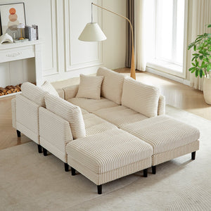English Elm 122.5-Inch Oversized U-Shaped Modular Sofa Corduroy Sectional with Double Chaise, Ottoman, Pillows and Plastic Legs Beige W1193S00122